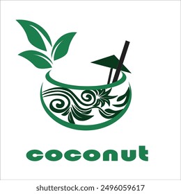 green coconut vector juxtaposed with leaves and batik which means multipurpose (being a solution), a cure for all diseases or problems, flexible, and not harmful