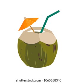 Green coconut water drink with drinking straw and paper umbrella. Summer exotic getaway, resort vacation , tropical paradise, dessert food and drink menu themed vector illustration isolated on white.