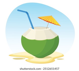 Green coconut water drink with drinking straw and paper umbrella. Summer exotic getaway, resort vacation , tropical paradise, dessert food and drink menu themed vector illustration isolated on white.