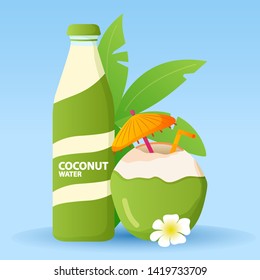 Green coconut water drink glass bottle.Flat vector illustration.Fresh cocktail of coconuts.Exotic drink water with an umbrella and a straw,
orchid flower.