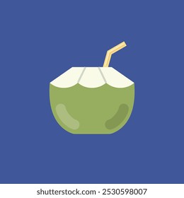 Green coconut water drink isolated on blue background. Summer exotic getaway, resort vacation , tropical paradise, dessert food and drink menu themed. Vector illustration.