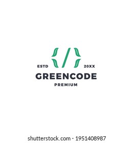 Green code with leaf and coding symbol with slash and parentheses