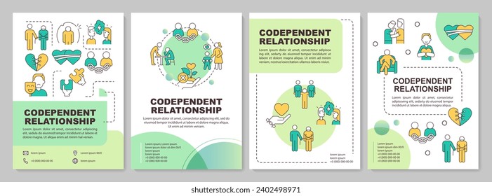 Grüne, kodependente Beziehungsbroschüre, Design von Broschüren mit dünnen linearen Symbolen, 4 Vektorgrafiken.