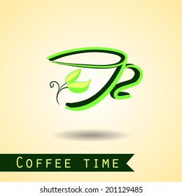 Green coffee background with sketch cup.