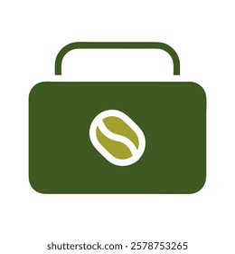 Green coffee bag icon with coffee bean shape design