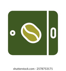 Green coffee bean icon on mobile screen with logo