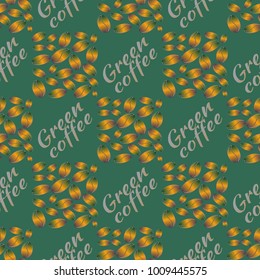 Green coffee bean seamless pattern background. Illustration with text.