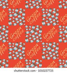 Green coffee bean seamless pattern background. Illustration with text.