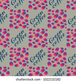Green coffee bean seamless pattern background. Illustration with text.