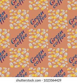 Green coffee bean seamless pattern background. Illustration with text.