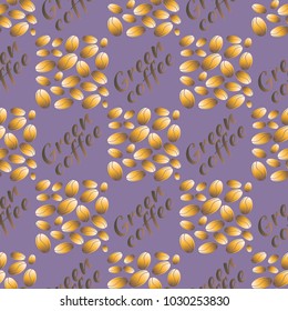 Green coffee bean seamless pattern background. Illustration with text.