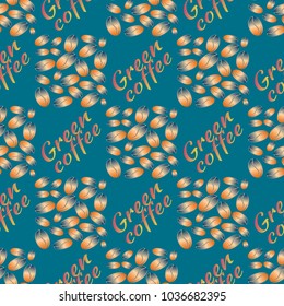 Green coffee bean seamless pattern background. Illustration with text.