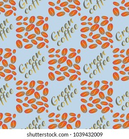 Green coffee bean seamless pattern background. Illustration with text.