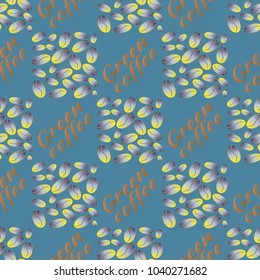 Green coffee bean seamless pattern background. Illustration with text.