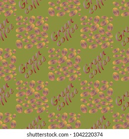 Green coffee bean seamless pattern background. Illustration with text.
