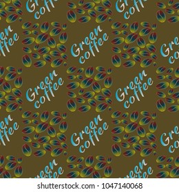 Green coffee bean seamless pattern background. Illustration with text.