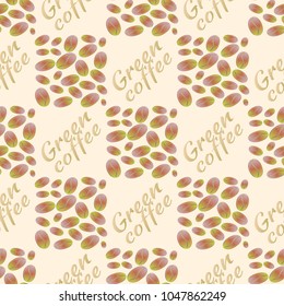 Green coffee bean seamless pattern background. Illustration with text.