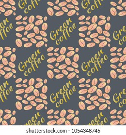 Green coffee bean seamless pattern background. Illustration with text.