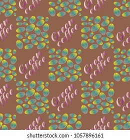 Green coffee bean seamless pattern background. Illustration with text.