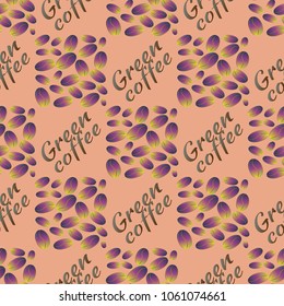 Green coffee bean seamless pattern background. Illustration with text.
