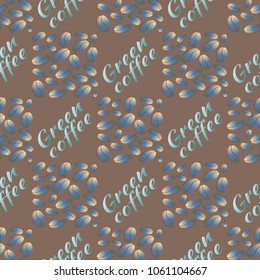 Green coffee bean seamless pattern background. Illustration with text.