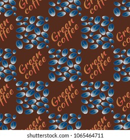 Green coffee bean seamless pattern background. Illustration with text.