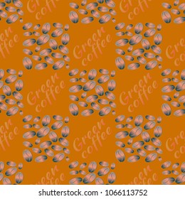 Green coffee bean seamless pattern background. Illustration with text.