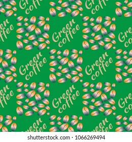 Green coffee bean seamless pattern background. Illustration with text.