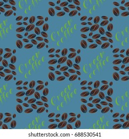 Green coffee bean seamless pattern background. Illustration with text.