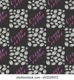 Green coffee bean seamless pattern background. Illustration with text.
