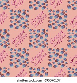 Green coffee bean seamless pattern background. Illustration with text.