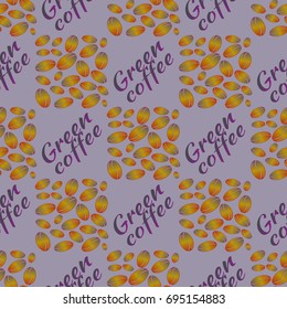 Green coffee bean seamless pattern background. Illustration with text.