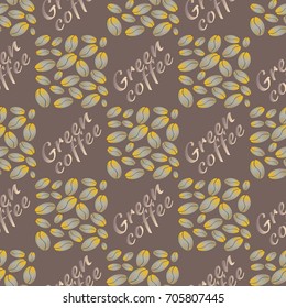 Green coffee bean seamless pattern background. Illustration with text.