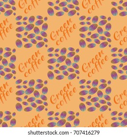 Green coffee bean seamless pattern background. Illustration with text.