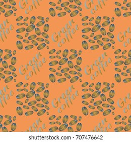 Green coffee bean seamless pattern background. Illustration with text.