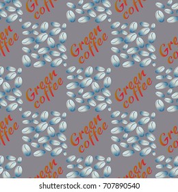 Green coffee bean seamless pattern background. Illustration with text.