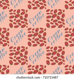 Green coffee bean seamless pattern background. Illustration with text.