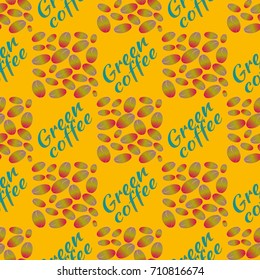 Green coffee bean seamless pattern background. Illustration with text.