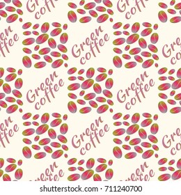 Green coffee bean seamless pattern background. Illustration with text.