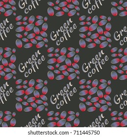 Green coffee bean seamless pattern background. Illustration with text.