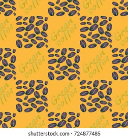 Green coffee bean seamless pattern background. Illustration with text.