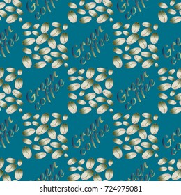 Green coffee bean seamless pattern background. Illustration with text.