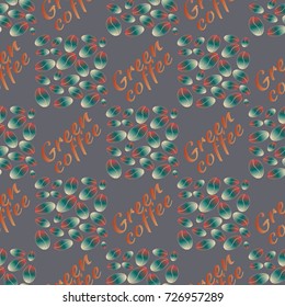 Green coffee bean seamless pattern background. Illustration with text.