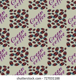 Green coffee bean seamless pattern background. Illustration with text.