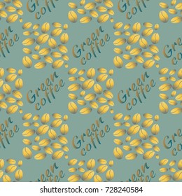Green coffee bean seamless pattern background. Illustration with text.