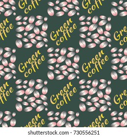 Green coffee bean seamless pattern background. Illustration with text.
