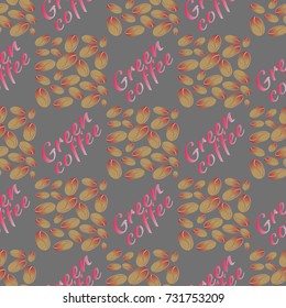 Green coffee bean seamless pattern background. Illustration with text.