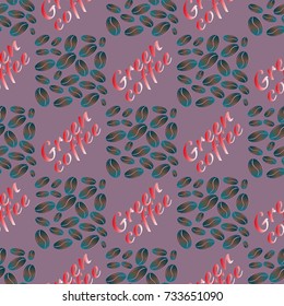 Green coffee bean seamless pattern background. Illustration with text.