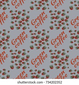 Green coffee bean seamless pattern background. Illustration with text.