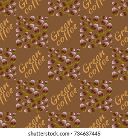 Green coffee bean seamless pattern background. Illustration with text.